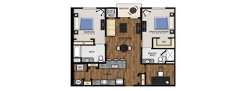 A floor plan of a two-bedroom apartment with a living room, kitchen, and bathroom.