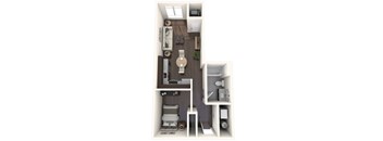 A top down view of a small apartment with a kitchen, living room and bathroom.