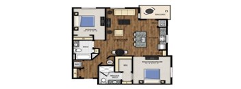 A floor plan of an apartment with a master bedroom, living room, kitchen, and bathrooms.
