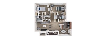 A top-down view of a small apartment with a kitchen, living room, and bedroom.