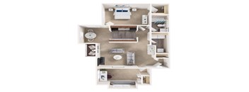 A top down view of a small apartment with a kitchen, living room, and two bedrooms.