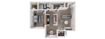 A top-down view of a small apartment with a kitchen, living room, and bathroom.