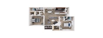 A top-down view of a small apartment with a kitchen, living room, and bedroom.