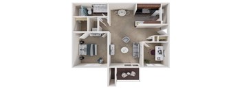A top-down view of a small apartment with a kitchen, living room, and bathroom.