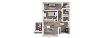 A 3D floor plan of a small apartment with a kitchen, living room, and bedroom.