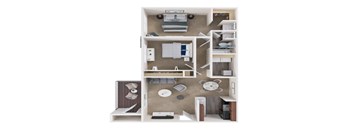 A 3D floor plan of a small apartment with a kitchen, living room, and bedroom.