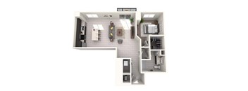 A top-down view of a small, well-organized kitchen and living area.