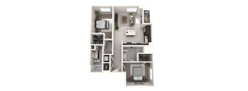 A 3D floor plan of a small apartment with a kitchen, living room, and bathroom.