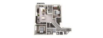 A 3D floor plan of a house showing a kitchen, living room, dining room, and bathroom.
