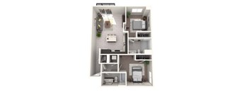A white image of a house layout with a kitchen, living room, and bathroom.