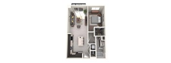 A top down view of a small apartment with a kitchen, living room, and bathroom.