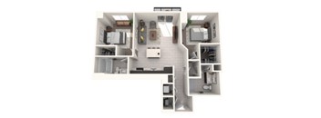 A floor plan of a small apartment with a kitchen, living room, and two bedrooms.
