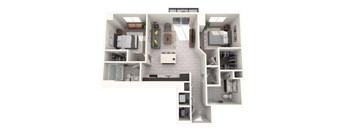 A top down view of a small apartment with a kitchen, living room, and bathroom.
