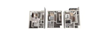 Three different layouts of a small apartment are shown.