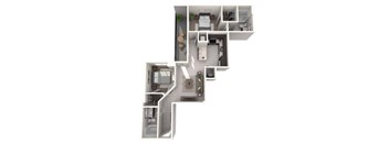 A white floor plan of a house with a kitchen, living room, and bedrooms.