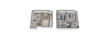 A floor plan of a two-bedroom apartment with a living room and kitchen.