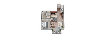 A top down view of a house layout with a kitchen, living room, and bathroom.