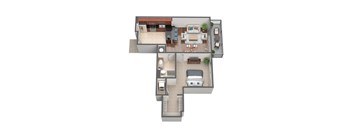 A top-down view of a house with a living room, kitchen, dining room, and bedrooms.
