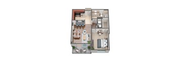 A top-down view of a house layout with a kitchen, living room, and bedrooms.