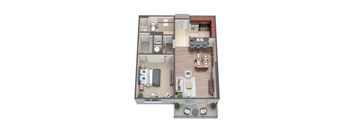 A top-down view of a house layout with a kitchen, living room, and bathrooms.