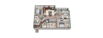 A top-down view of a house layout with multiple rooms and furniture.