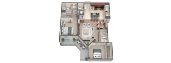 A 3D floor plan of a house with a living room, kitchen, dining room, and two bedrooms.