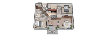 A 3D floor plan of a house with multiple rooms and furniture.