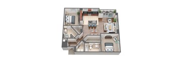 A top-down view of a house layout with a kitchen, living room, dining area, and bedrooms.