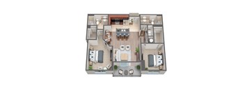 A top-down view of a house layout with a central living area, bedrooms, and a kitchen.