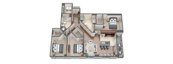A top-down view of a multi-level home with various rooms and furniture.