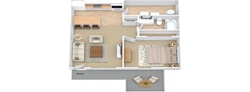A floor plan of a house with a kitchen, living room, and bathroom.