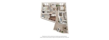 A 3D floor plan of a house with a kitchen, living room, and two bedrooms.