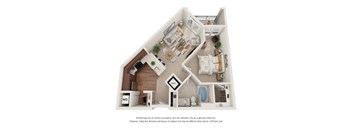 A 3D floor plan of a house with a kitchen, living room, and bathroom.