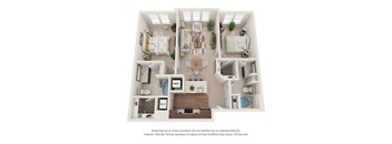 A 3D floor plan of a house with a living room, dining room, kitchen, and two bedrooms.