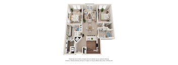 A 3D floor plan of a house with a living room, dining room, kitchen, and two bedrooms.