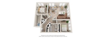A 3D floor plan of a house with labeled rooms.