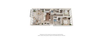 A 3D floor plan of a small apartment with a kitchen, living room, and bedroom.