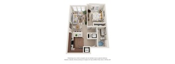 A 3D floor plan of a small apartment with a kitchen, living room, and bathroom.