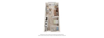 A floor plan of a small apartment with a kitchen, living room, and bathroom.
