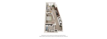 A 3D floor plan of a small apartment with a kitchen, living room, and bathroom.