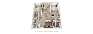 A 3D floor plan of a small apartment with a kitchen, living room, and bathroom.
