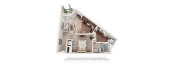 A 3D floor plan of a small apartment with a kitchen, living room, and bathroom.