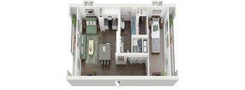 A top down view of a small apartment with a kitchen, living room, and two bedrooms.