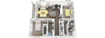 A 3D floor plan of a small apartment with a living room, kitchen, and bathroom.