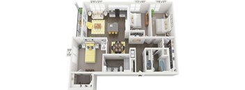 A floor plan of a two-bedroom apartment with dimensions and furniture layout.
