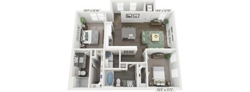 A 3D floor plan of a small apartment with a kitchen, living room, and bathroom.
