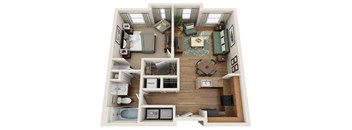 A top-down view of a small apartment with a kitchen, living room, and bedroom.