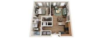A top-down view of a small apartment with a kitchen, living room, and bedroom.