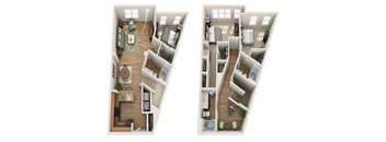 Two images of a house layout with a living room, kitchen, and bathroom.