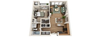 A 3D floor plan of a house showing a living room, kitchen, and bedrooms.
